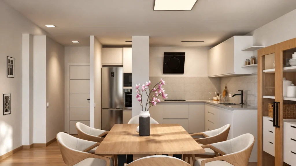 Vivienda en Arucas · Comedor y cocina · Postproducción asistida por IA