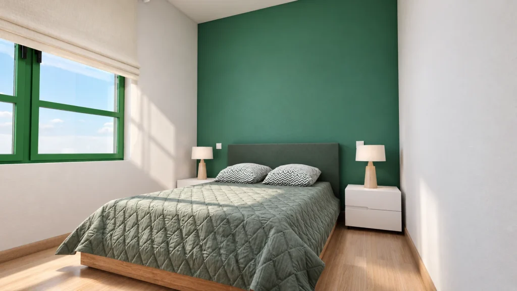 Vivienda en Arucas · Dormitorio verde · Postproducción asistida por IA