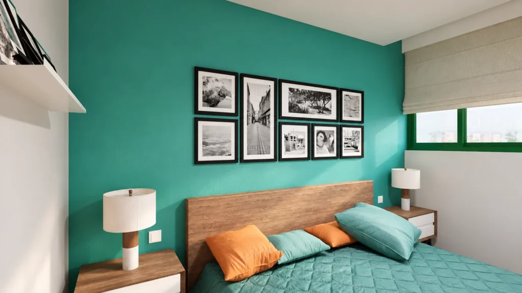 Vivienda en Arucas · Dormitorio turquesa · detalle · Postproducción asistida por IA