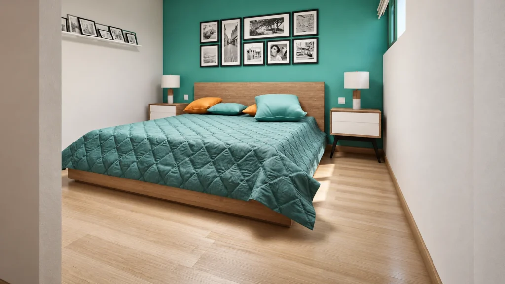 Vivienda en Arucas · Dormitorio turquesa · Postproducción asistida por IA