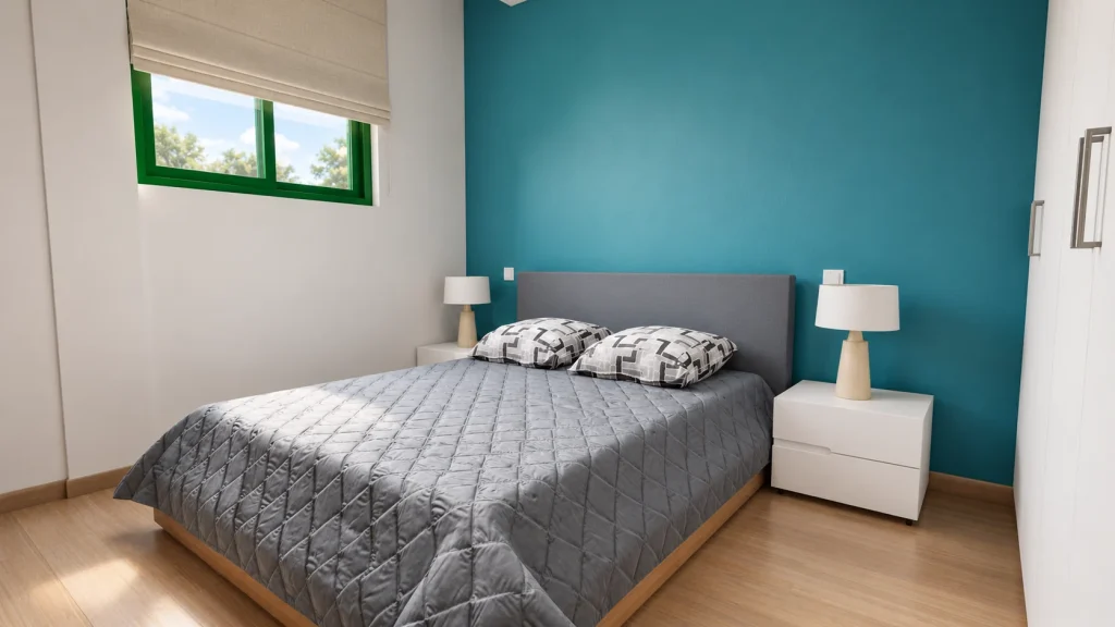 Vivienda en Arucas · Dormitorio azul · Postproducción asistida por IA