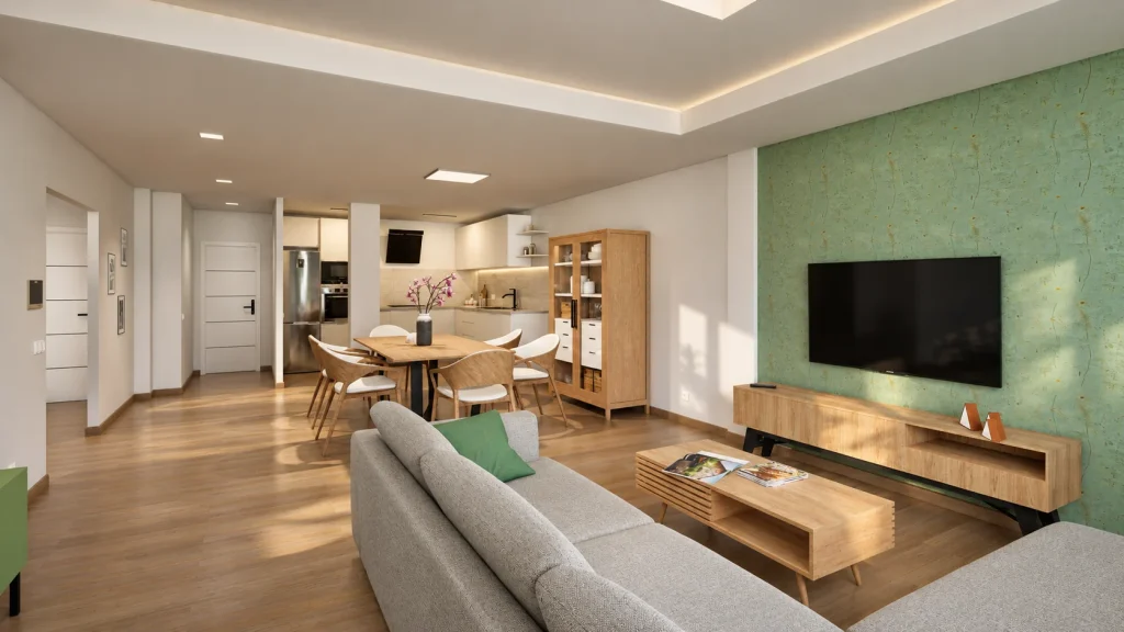 Vivienda en Arucas · Salón y zona de televisión · Postproducción asistida por IA
