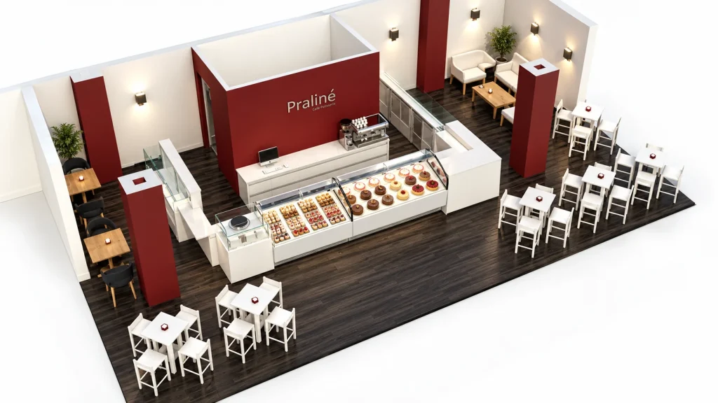 Pastelería Praliné · Interiorismo · Vista general en perspectiva