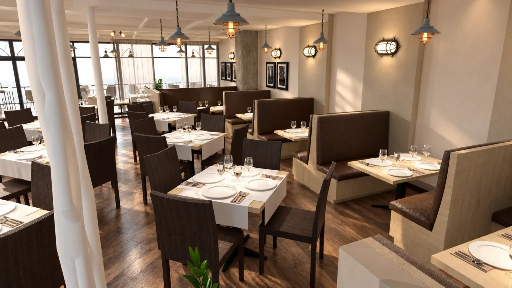 Restaurante · Interiorismo 3D · Mesas y bancos