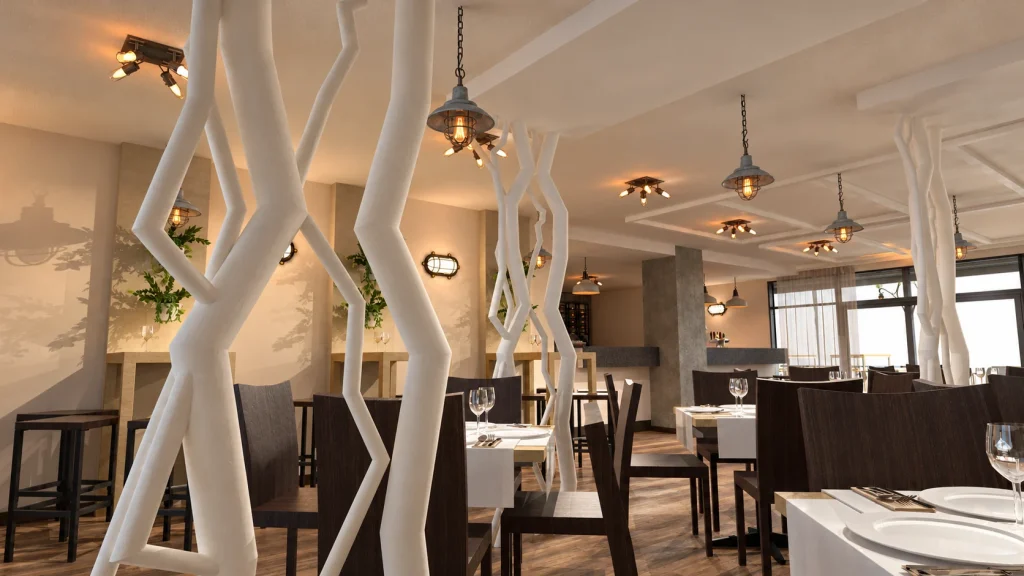 Restaurante · Interiorismo 3D · Detalle de iluminación