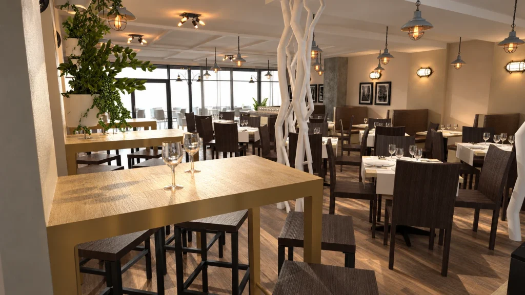 Restaurante · Interiorismo 3D · Mesas altas