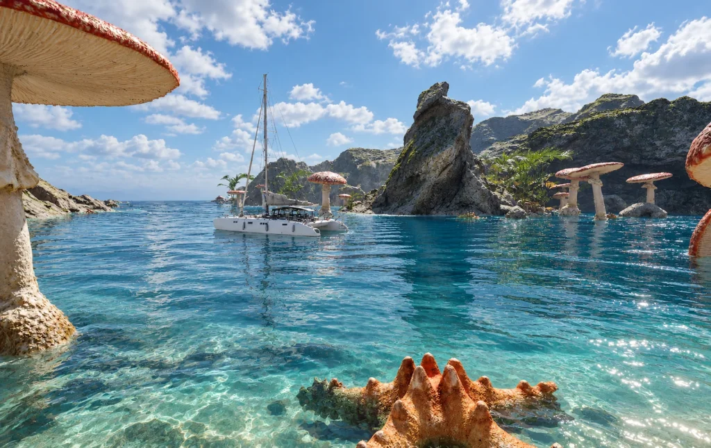 Cala fantástica · Agua y elementos orgánicos · Postproducción asistida por IA