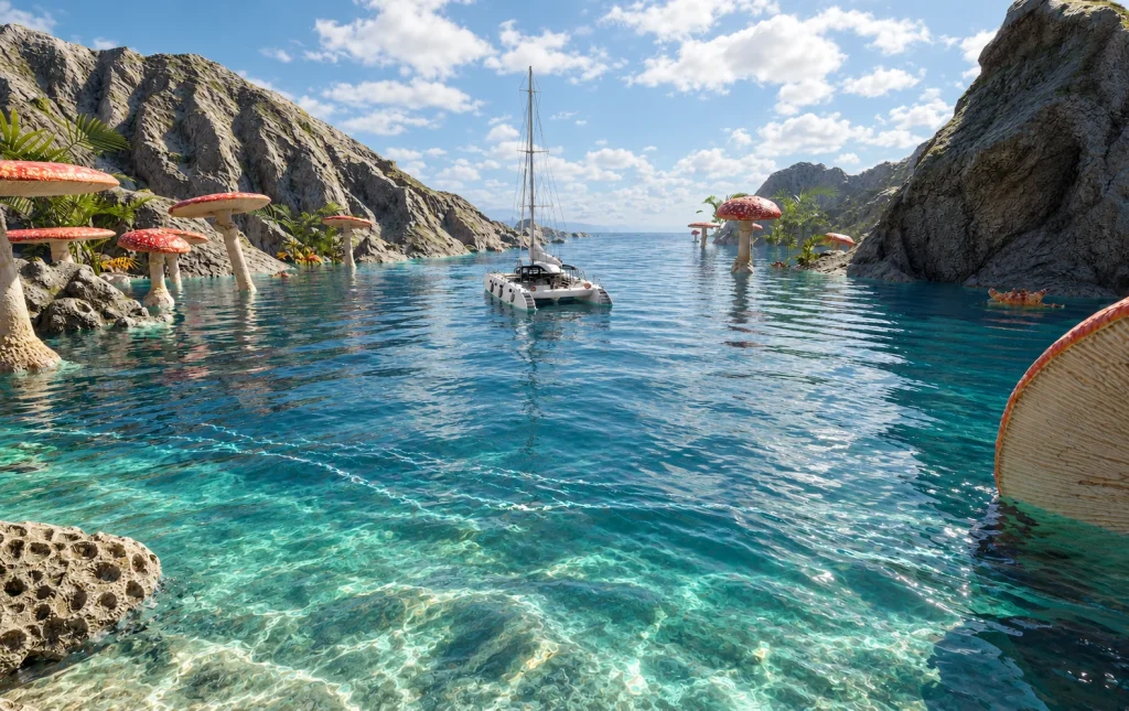 Cala fantástica · Vista del catamarán · Postproducción asistida por IA