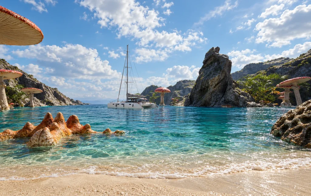Cala fantástica · Playa, agua y catamarán · Postproducción asistida por IA