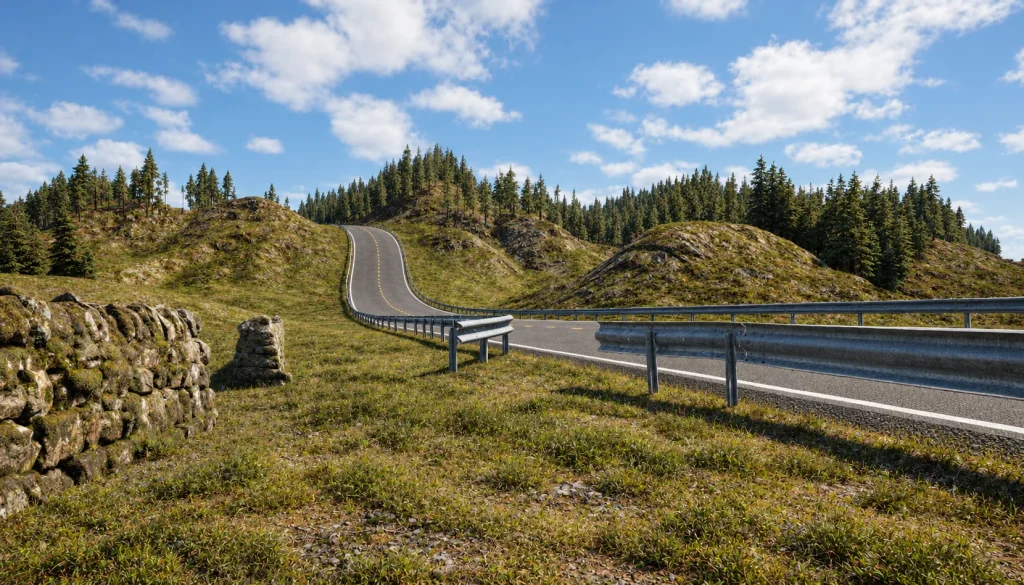Carretera, guardarraíl y muro de piedra · Postproducción asistida por IA