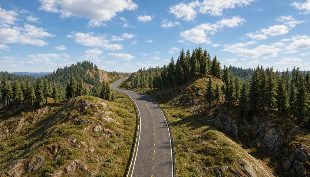 Carretera entre colinas y bosque · Vista aérea · Postproducción asistida por IA