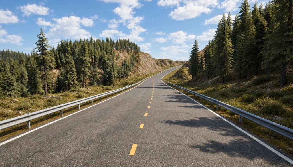 Carretera y bosque · Perspectiva del recorrido · Postproducción asistida por IA