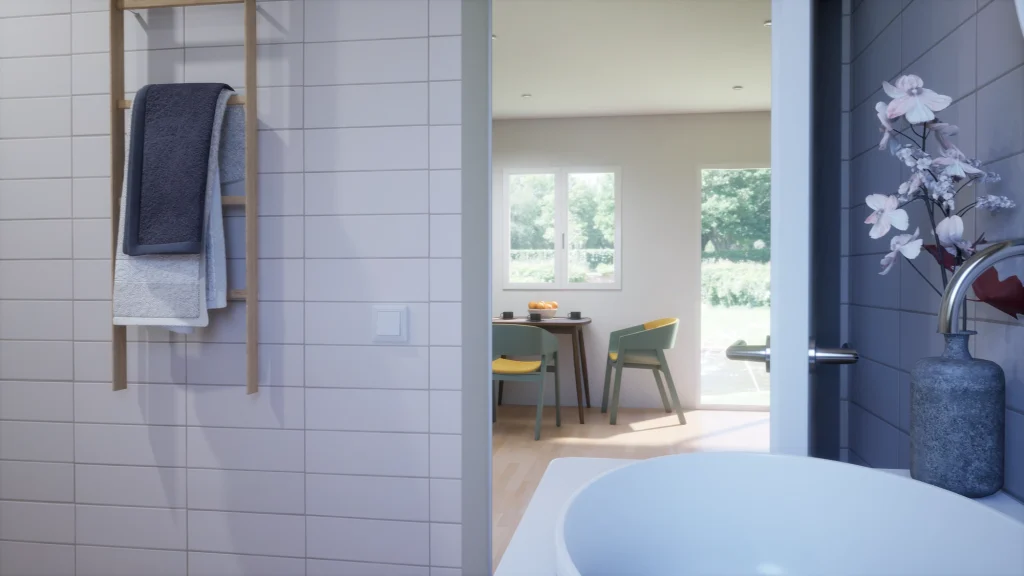 Eliseo López · Vista desde el baño hacia el comedor · Visualización 3D con Unreal Engine
